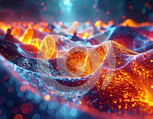 Abstract glowing landscape of flowing orange energy over blue figures in background