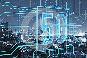 Abstract glowing linear 5g hologram on blurry city backdrop. 5G network and wireless systems.