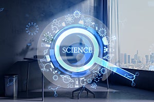 Abstract glowing magnifier hologram on office interior background. Science, research and medicine concept. Double exposure