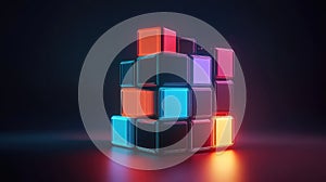 Abstract glowing neon blocks forming geometric cube