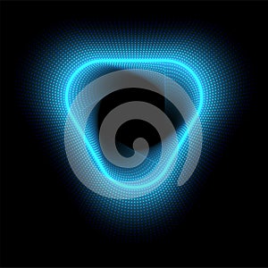 Abstract glowing neon blue triangle with dots on dark purple background. Vector illustration.