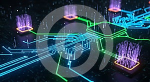 Futuristic Circuit Board Digital Technology, AI, Data Processing, Microchip Network