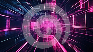 Abstract glowing neon digital tunnel visualizing data flow