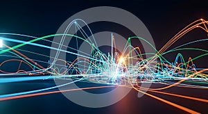 Abstract glowing neon lines create a dynamic data visualization on a dark background