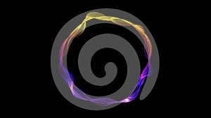 Abstract glowing neon yellow, orange, and purple blue gradient color wave line circle isolated on black background. Futuristic