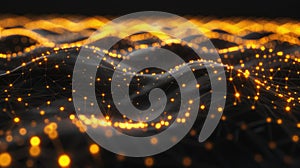 Abstract Glowing Network: Golden Particle Mesh, AI Data Visualization, Dark Background, Futuristic Tech