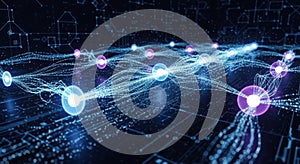 Abstract glowing network of interconnected digital nodes and data streams