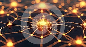 Abstract glowing network of interconnected nodes and lines with a bright central hub connection technology