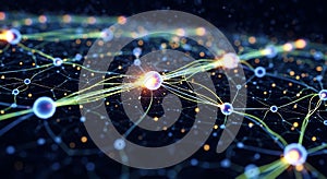 Abstract glowing network of interconnected nodes symbolizing data, communication, technology, and artificial intelligence.