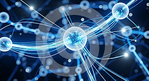 Abstract glowing neural network with interconnected nodes and light trails technology