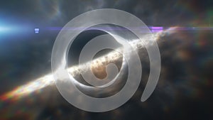 Abstract glowing object resembling a black hole surrounded by bright light in a deep blue space