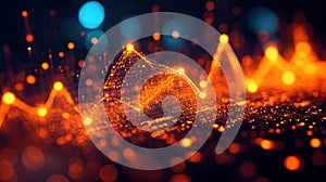 Abstract glowing orange and blue data visualization with intricate network patterns and bokeh effects