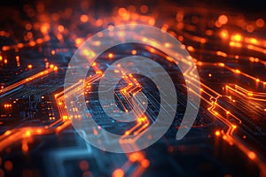 Abstract glowing orange circuit board pathways, illustrating advanced technology and data processing.