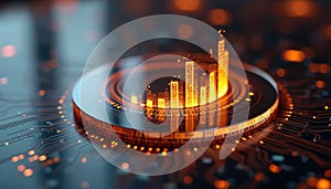 Abstract glowing orange elements form digital data analysis visualization on dark background. Futuristic network concept,