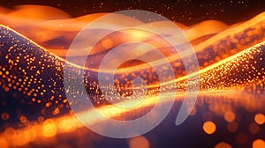 Abstract glowing orange particles forming flowing wave data