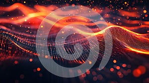 Abstract glowing particle waves forming digital network background