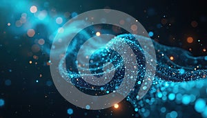 Abstract glowing particles form digital data stream wave. Complex network visualizes information flow connection. Futuristic