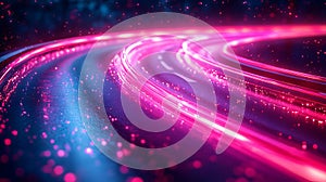 Abstract glowing pink and blue light trails on a curved road
