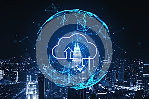 Abstract glowing polygonal sphere with cloud and arrows on blurry night city background. Cloud computing and database concept.
