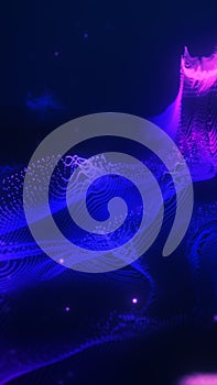 Abstract glowing purple and blue digital wave made of particles on dark background