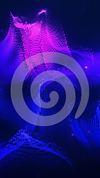 Abstract glowing purple and blue digital wave made of particles on dark background