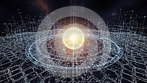 Abstract glowing sphere with digital circuit grid representing quantum computing and advanced technology