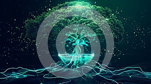 Abstract glowing tree with digital roots and connections in a sci-fi environment. Modern tech concept.