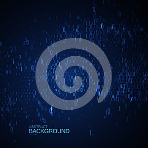 Abstract glowing virtual neon cloud with chaotic binary code particles.