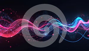 Abstract glowing waves of pink and blue particles flow across dark background. Digital data streams pulse with light. Futuristic