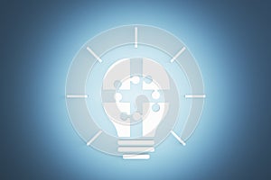 Abstract glowing white puzzle light bulb on blue background. Completing business idea. Cooperation, teamwork. Successful solution