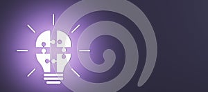Abstract glowing white puzzle light bulb on wide purple background with mock up place. Completing business idea. Cooperation,