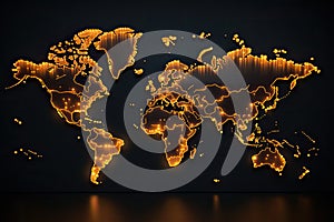 Abstract glowing world map on dark background. Communication and travel concept. 3D Rendering, pixel world map with spot lights,