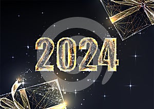 Abstract gold 2024 Happy New Year digital web banner with holiday gift boxes on black background