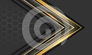 Abstract gold arrow black shadow direction geometric hexagon mesh on grey design modern luxury futuristic background vector