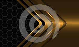 Abstract gold arrow direction geometric on grey hexagon mesh metallic blank space design modern futuristic background vector