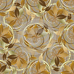 Abstract gold autumn 3d seamless pattern. Vector leafy floral ba