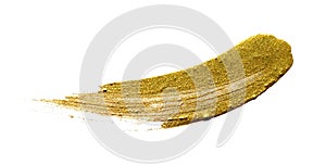 Gold color paint brush banner. Acrylic golden smear stroke stain on white background. Shine abstract detailed gold glittering text