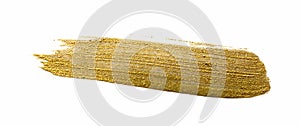 Gold color paint brush banner. Acrylic golden smear stroke stain on white background. Shine abstract detailed gold glittering text