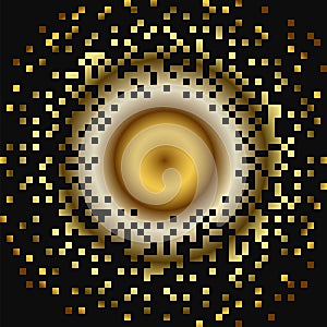 Abstract gold background, circle of dissolving pixels. Vector illustration.