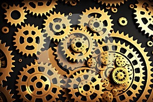 Abstract gold background, fantastic golden metal gears and cogs technology pattern wallpaper. Generative Ai