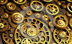 Abstract gold background, fantastic golden metal gears and cogs technology pattern wallpaper. Generative Ai