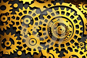 Abstract gold background, fantastic golden metal gears and cogs technology pattern wallpaper. Generative Ai