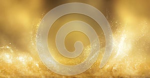 Abstract gold background. Glittering golden dust swirling with center copy space