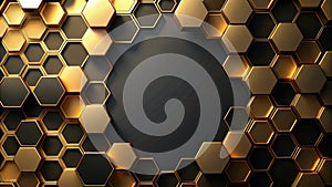 Abstract gold and black hexagonal pattern background with central empty space for text or logo. Generative AI