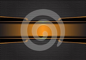 Abstract gold black metal banner on dark gray hexagon mesh design modern futuristic background vector