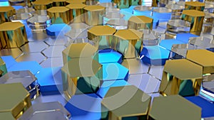 Abstract gold and blue hexagon geometric surface. 3d render