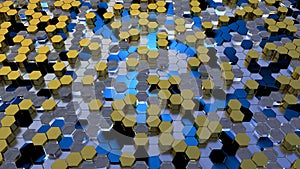 Abstract gold and blue hexagon geometric surface. 3d render