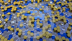 Abstract gold and blue hexagon geometric surface. 3d render