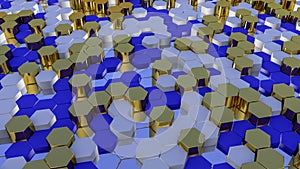 Abstract gold and blue hexagon geometric surface. 3d render