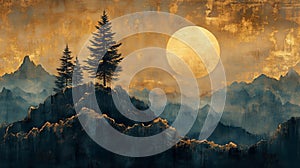 Abstract gold and blue wall art with pine tree and moon